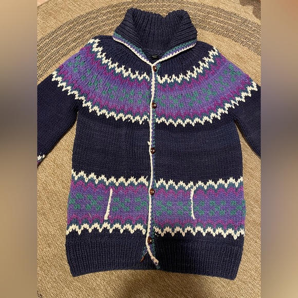 vintage hand-knit chunky wool cardigan sweater Fair Isle pattern blue teal - Picture 12 of 15